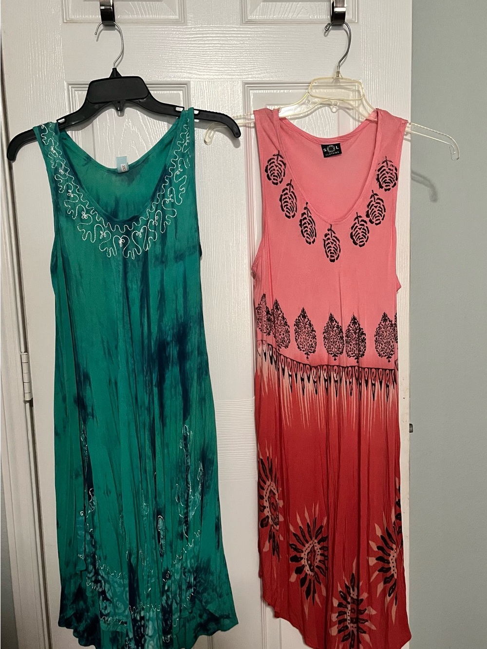Set of Sleeveless Tie-Dye Maxi Dresses w/decorative Neckline in teal and coral